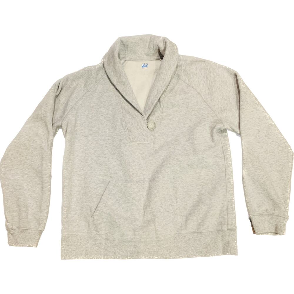 Vintage Sweatshirt Large Womens Gray Pullover Roll Collar Kangaroo Pocket Button